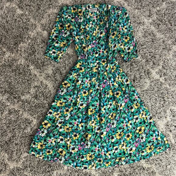 Vintage 80s Amandine Paris Floral Button Front Viscose Midi Dress (38) S XS - Picture 6 of 15